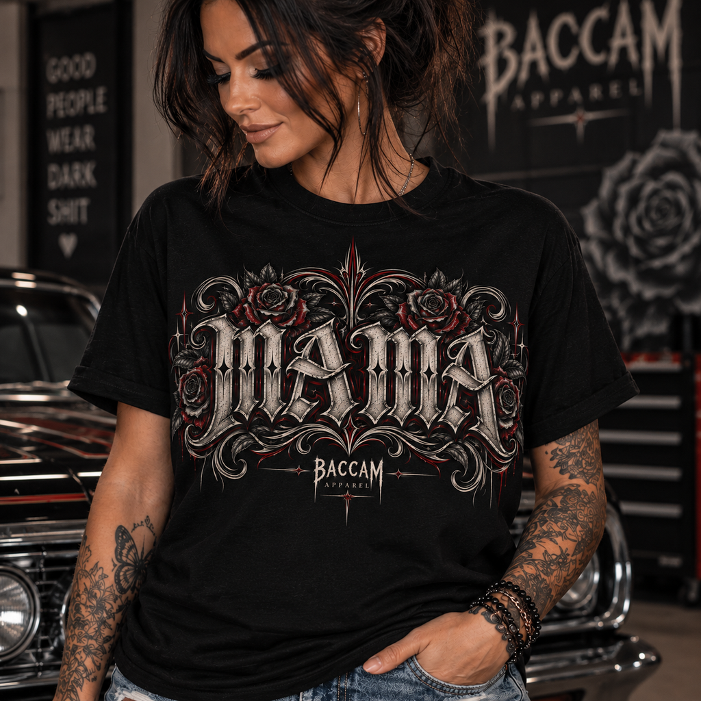 MAMA Tattoo Style Graphic Tee | Dark Mom Shirt | Baccam Apparel