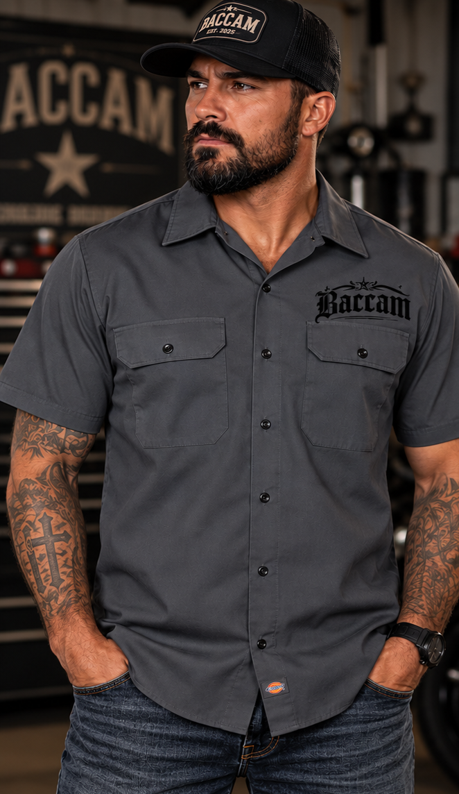 Baccam Built From Broken Parts Charcoal Biker Work Shirt