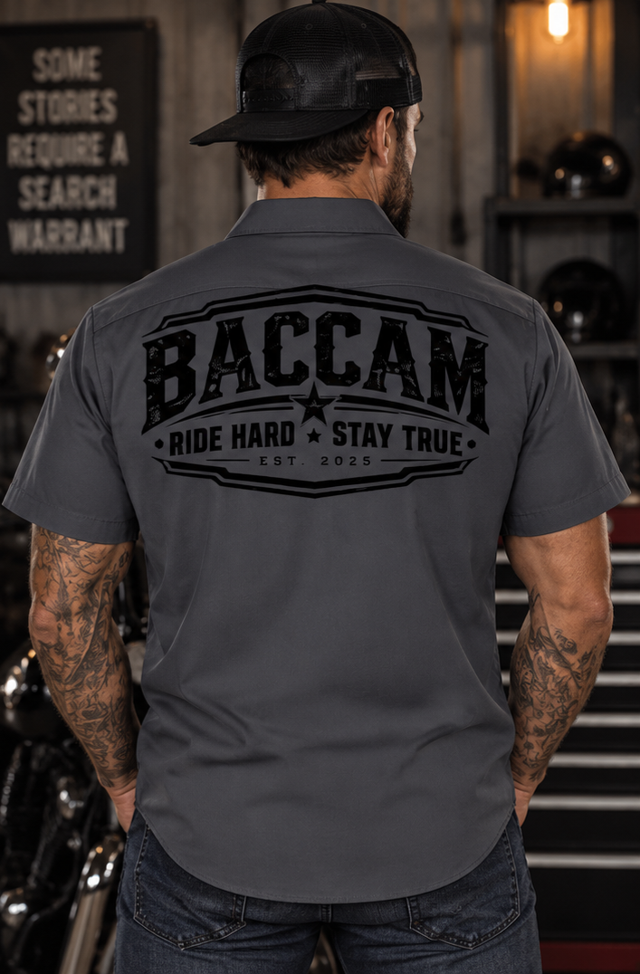 Baccam Ride Hard Stay True Men's Work Shirt | Charcoal Biker Shirt