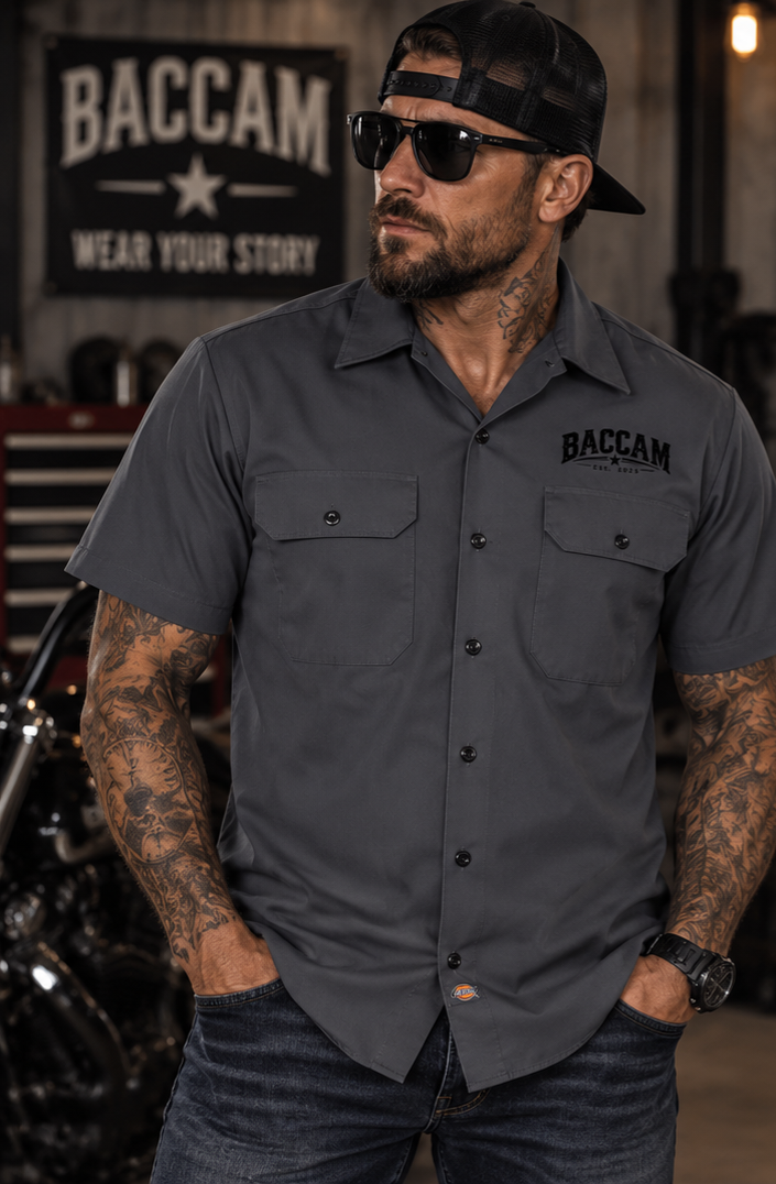 Baccam Ride Hard Stay True Men's Work Shirt | Charcoal Biker Shirt