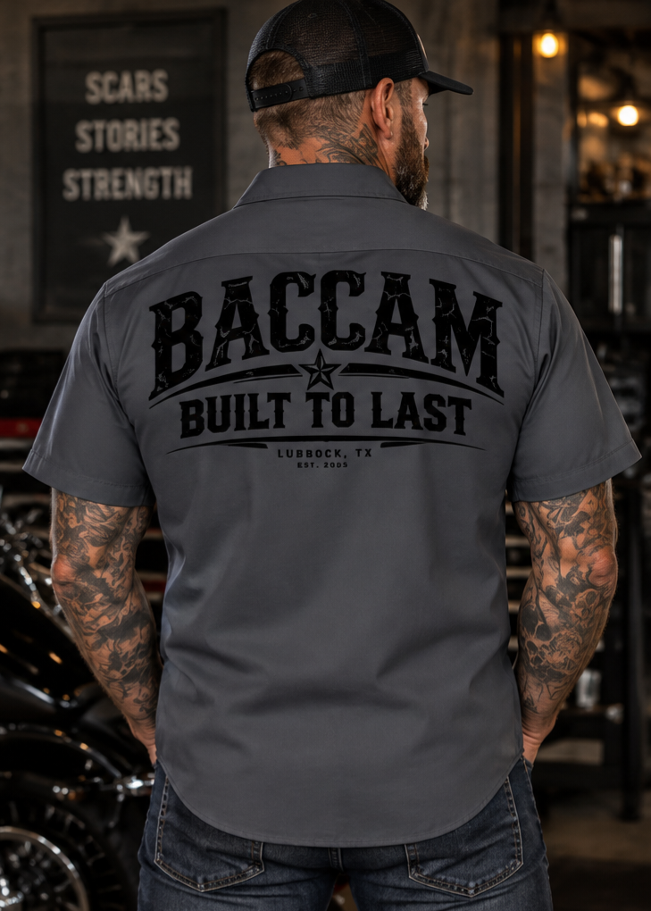 Baccam Built to Last Men's Work Shirt | Charcoal Gray Biker Shirt