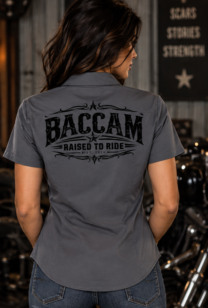 Baccam Raised to Ride Women’s Charcoal Biker Work Shirt