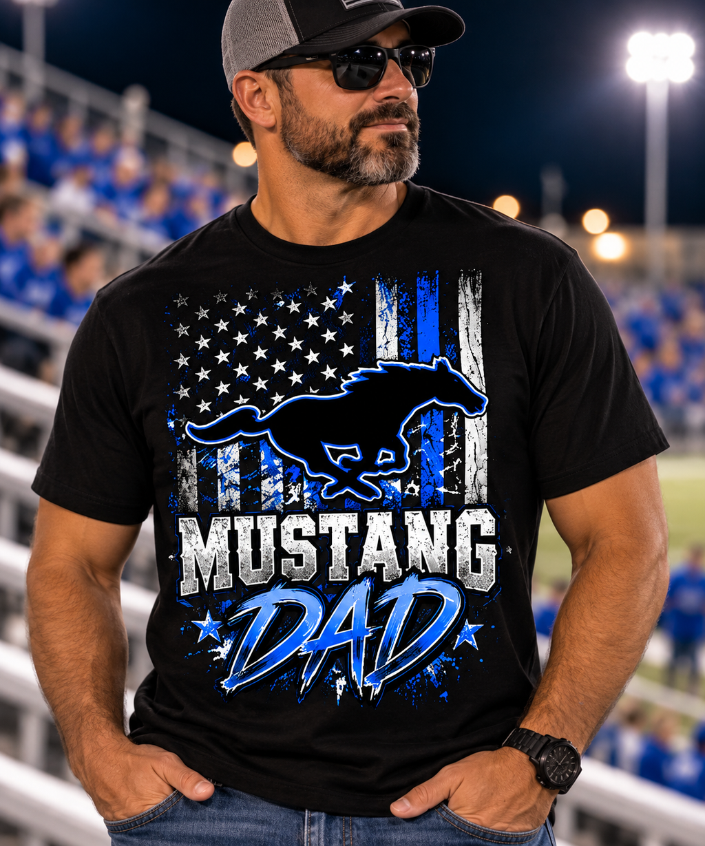 Olton Mustangs Dad American Flag Graphic T-Shirt – Black