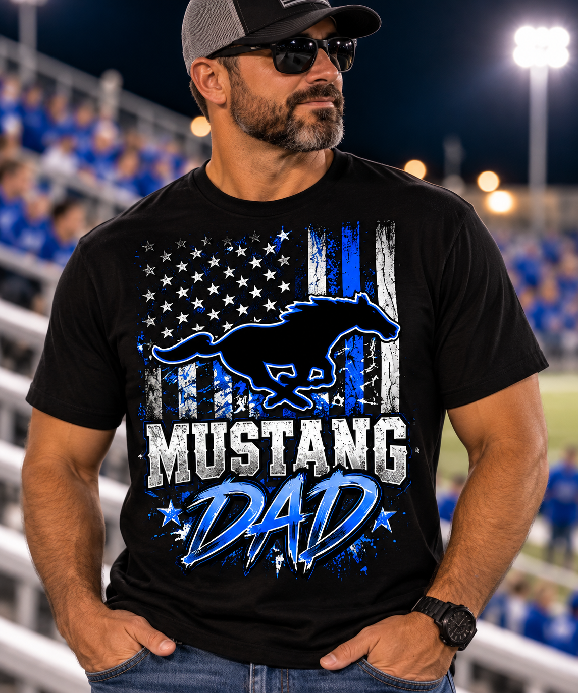 Olton Mustangs Dad American Flag Graphic T-Shirt – Black
