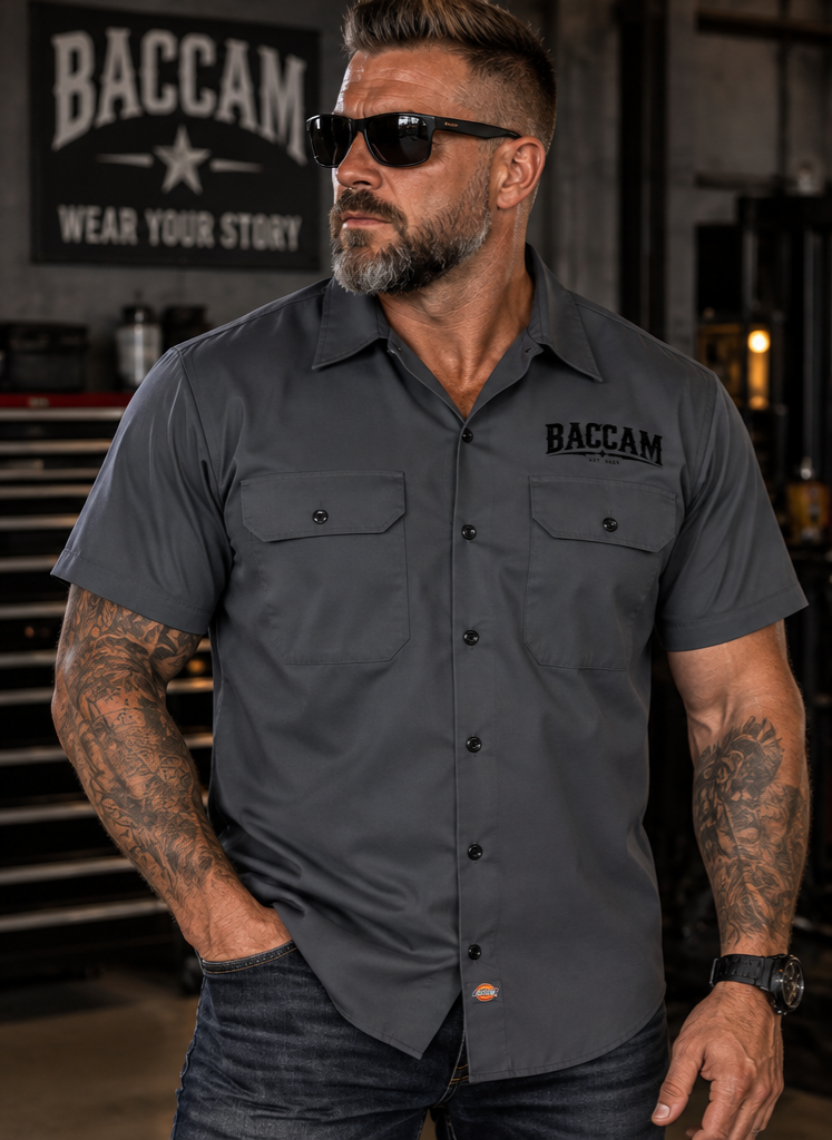 Baccam Built to Last Men's Work Shirt | Charcoal Gray Biker Shirt