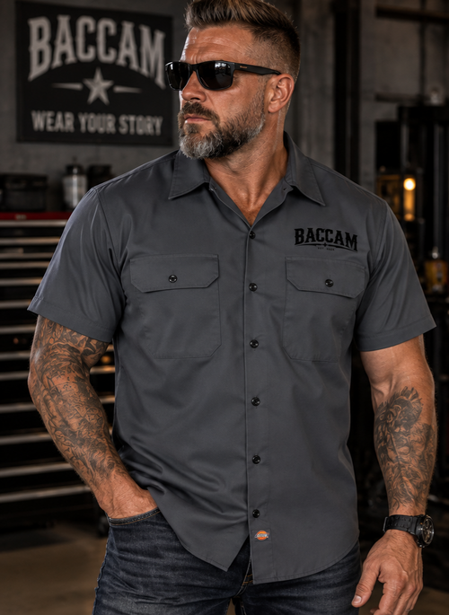 Baccam Built to Last Men's Work Shirt | Charcoal Gray Biker Shirt