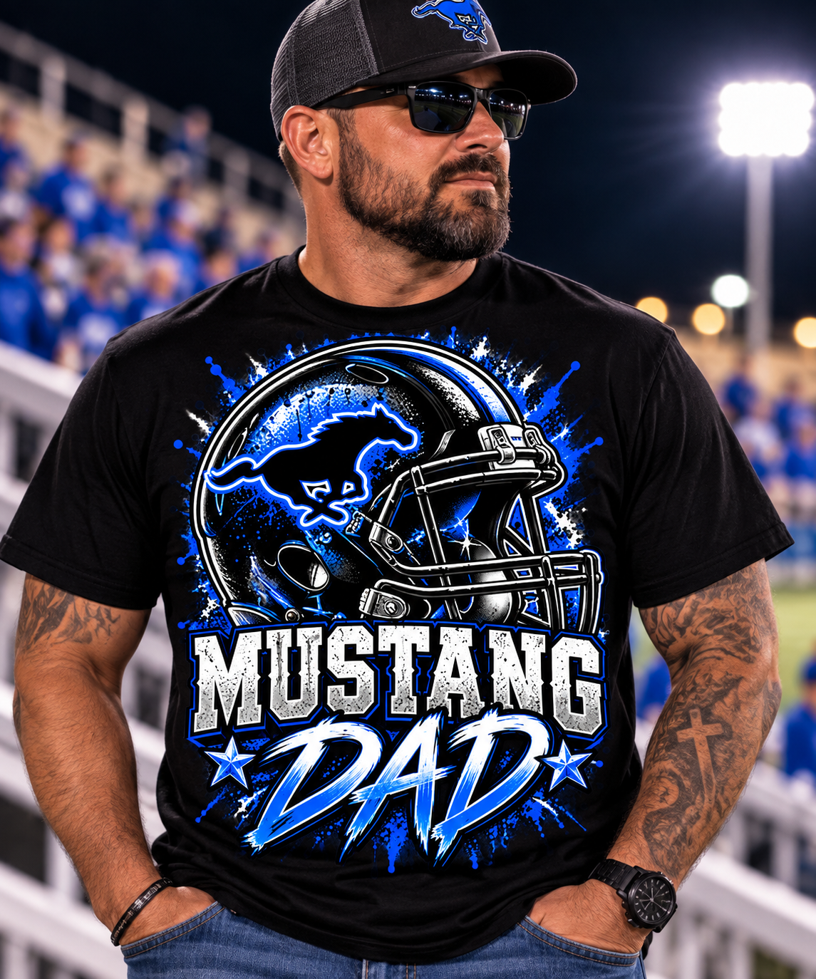 Olton Mustangs Dad Football Helmet Graphic T-Shirt – Black