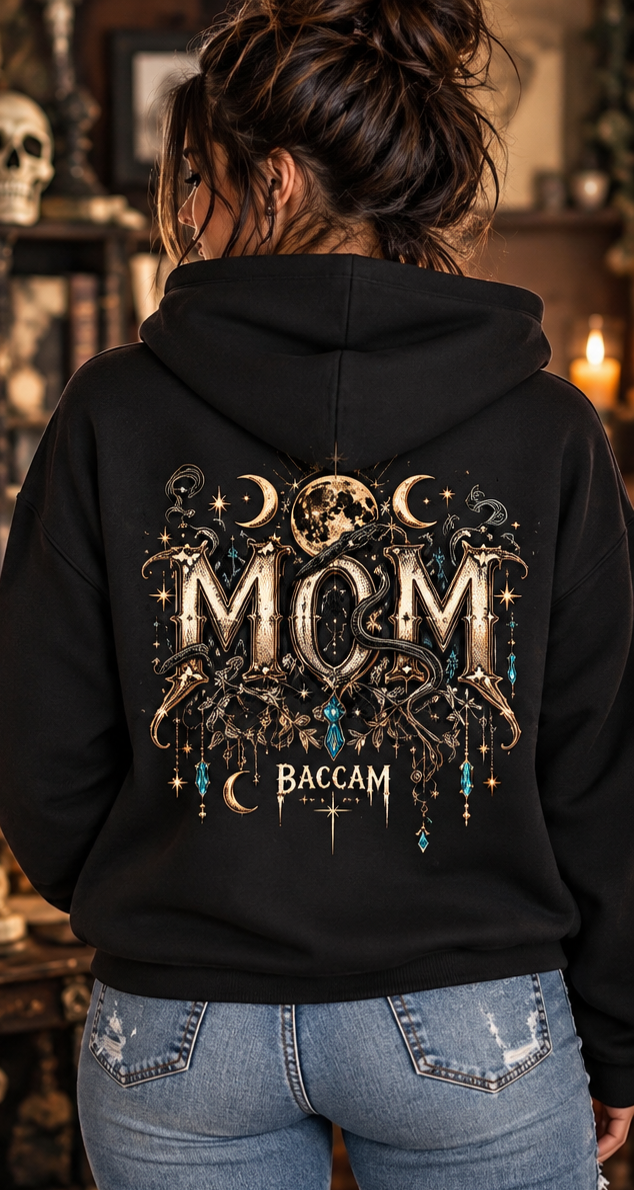 Celestial MOM Hoodie – Gothic Moon & Floral Design