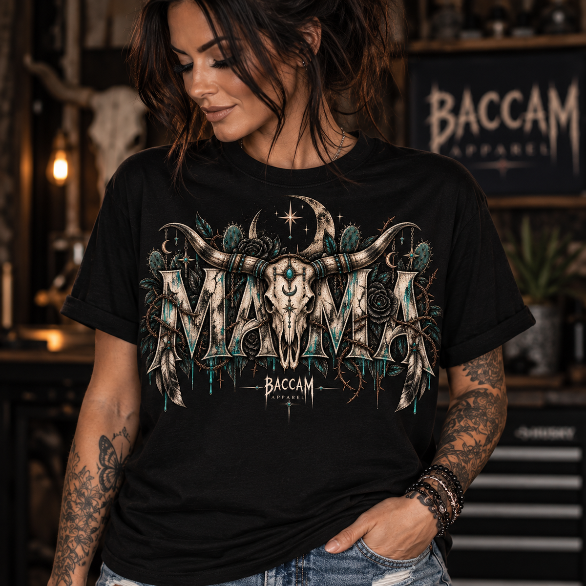 Dark Western MAMA Graphic Tee | Longhorn Mom Shirt | Baccam Apparel