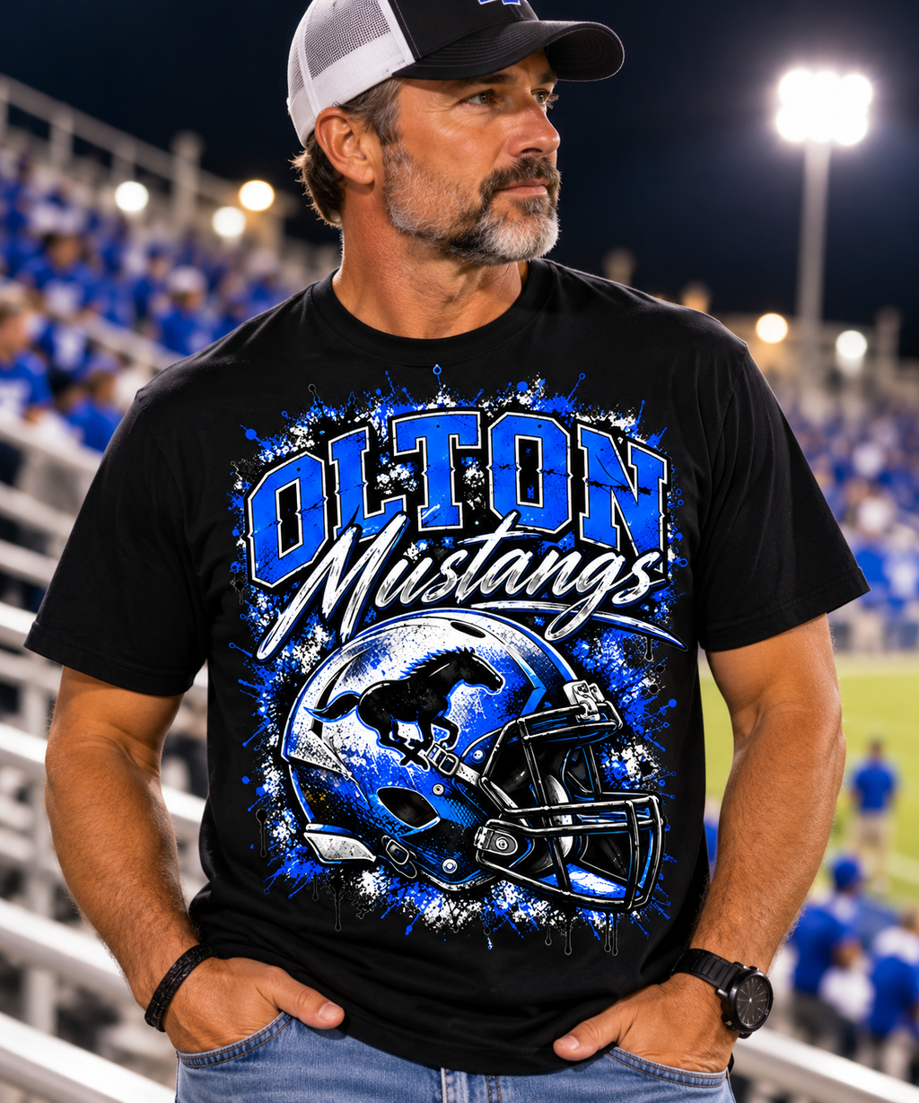 Olton Mustangs Football Helmet Graphic T-Shirt – Black