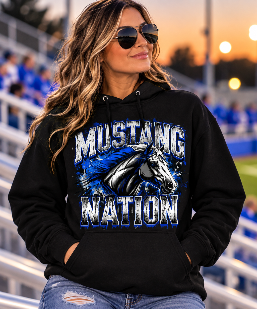 Mustang Nation – Blue & White Horse Graphic Hoodie