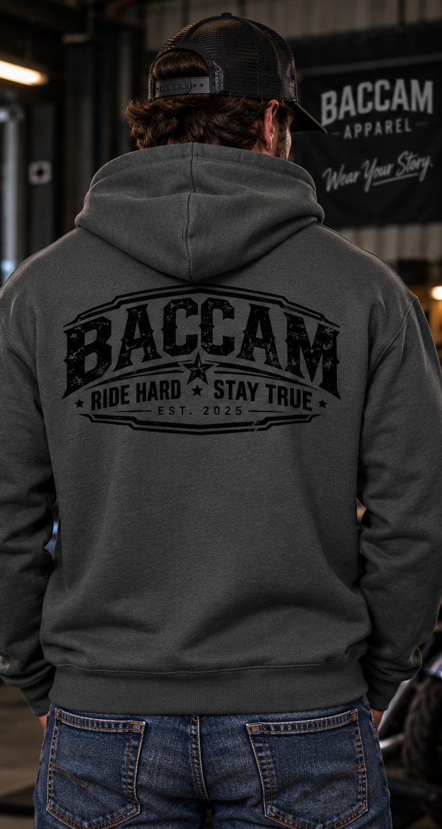 Baccam Ride Hard Stay True Charcoal Hoodie