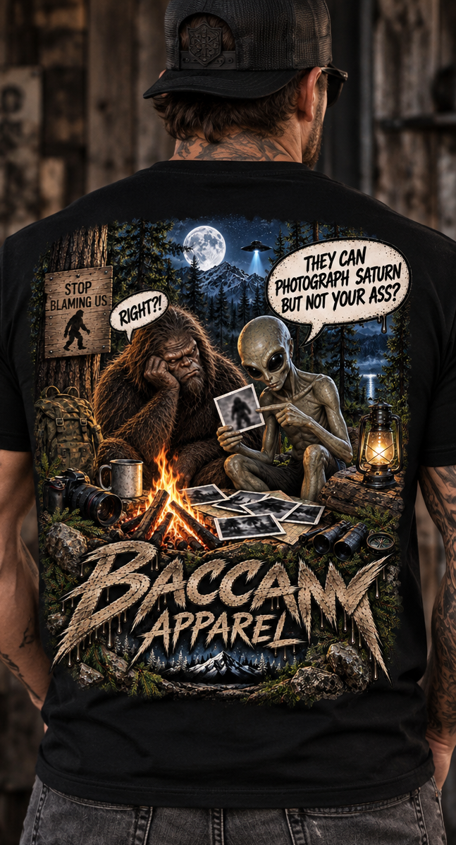 They Can Photograph Saturn – Bigfoot & Alien Graphic Tee | Baccam Apparel