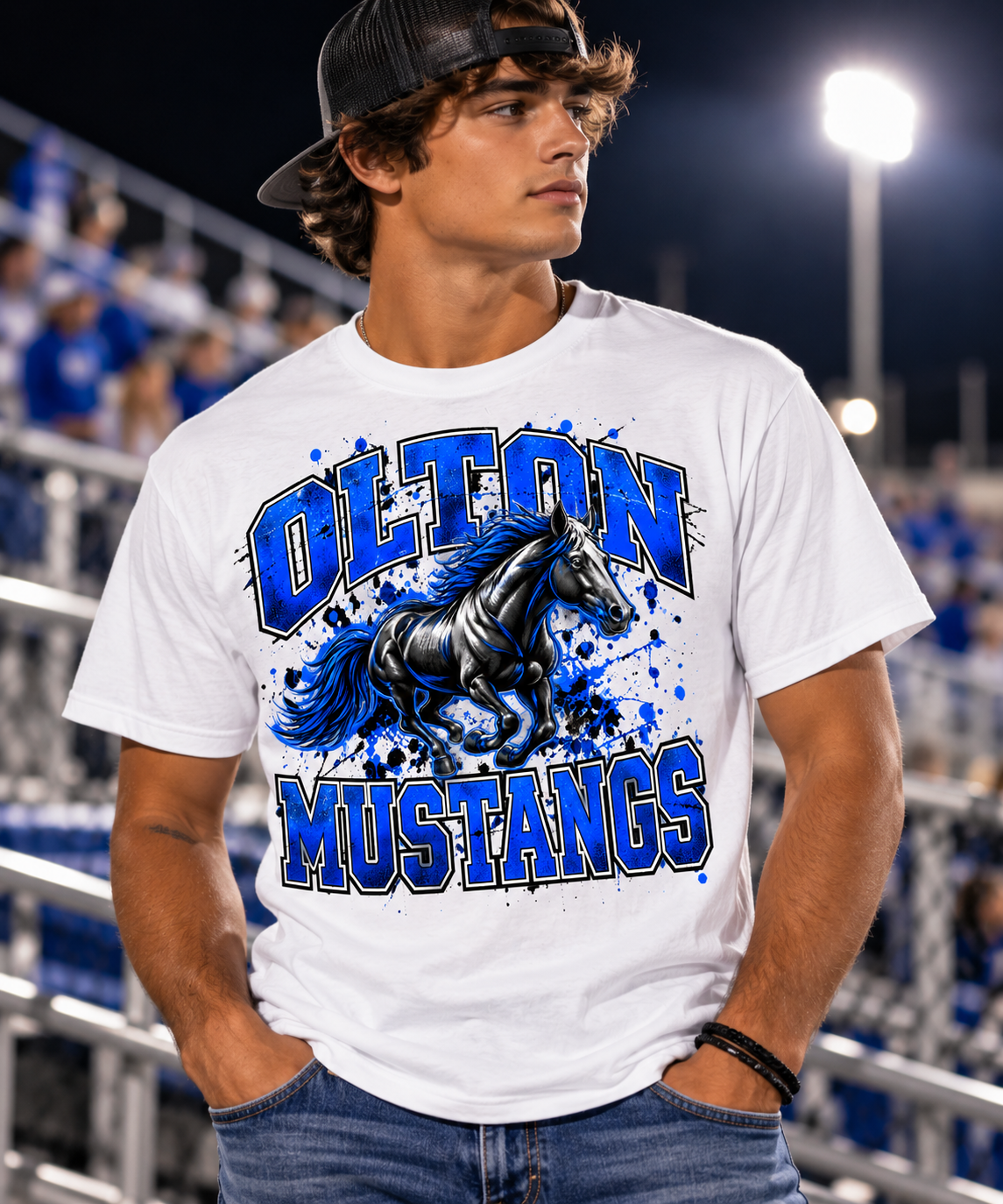 Olton Mustangs Galloping Horse Graphic T-Shirt – White