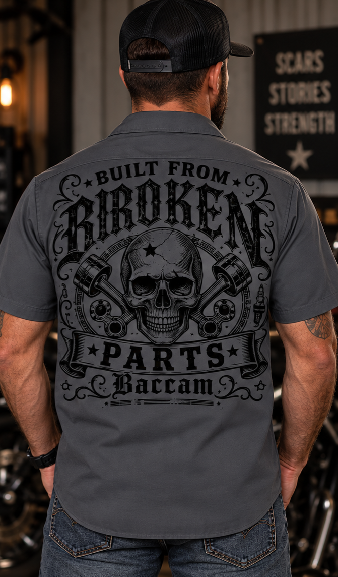 Baccam Built From Broken Parts Charcoal Biker Work Shirt